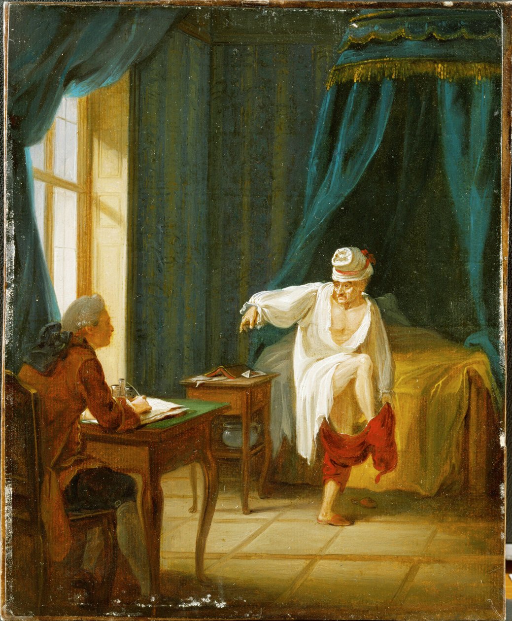 Voltaire w koszuli nocnej, zakładający spodnie podczas dyktowania swojemu sekretarzowi, w swoim domu w Fernet, Francja ... (olej na papierze naklejony na karton) autorstwa Jan Huber