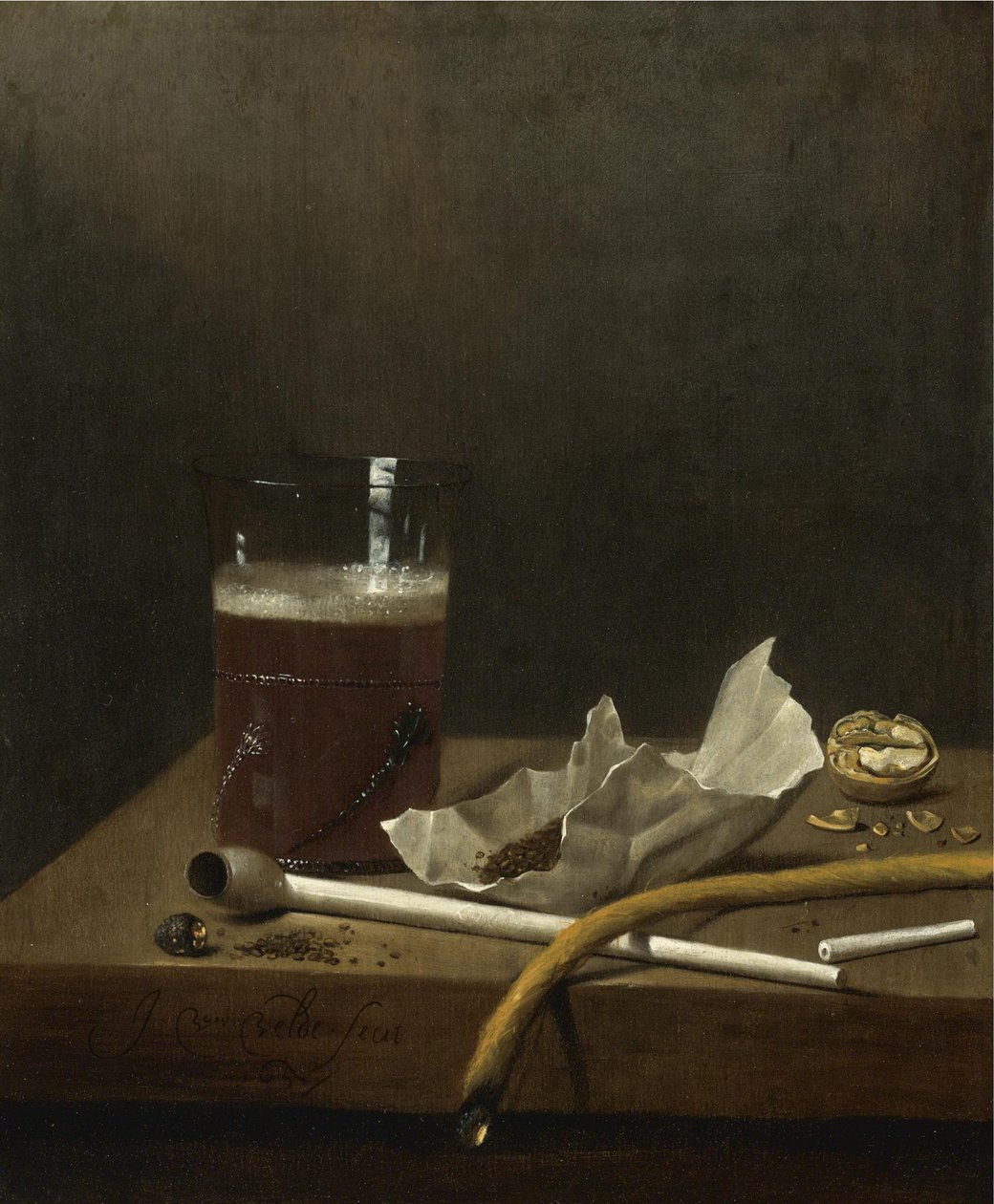 Martwa natura ze szklanką piwa, fajką, tytoniem i innymi rekwizytami do palenia, 1658 autorstwa Jan III van de Velde