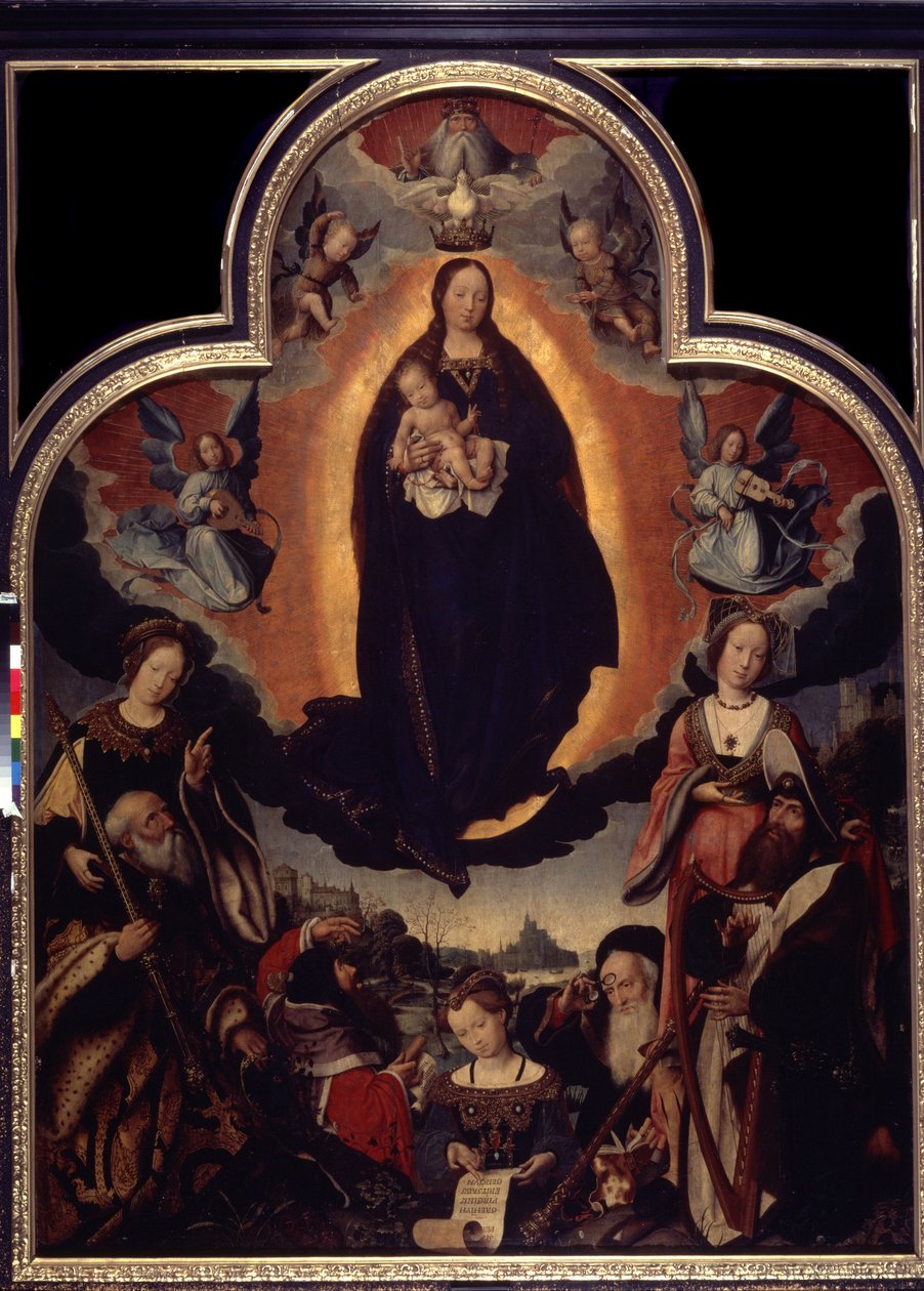 „La Vierge en Gloire” (Gloryfikacja Dziewicy) Wśród postaci otaczających Dziewicę i Jezusa Chrystusa: Król Dawid grający na harfie, cesarz rzymski August (Caius Julius Caesar Octavianus Augustus) (63 p.n.e.-14 n.e.), prorocy autorstwa Jan II Provost