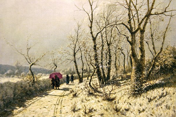 Śnieżny zimowy dzień z postaciami na ścieżce (olej na płótnie) autorstwa Jan Jacob Lodewiks Ten Kate