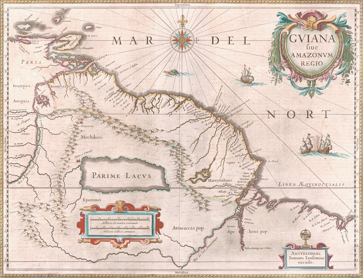 Mapa stworzona około 1649 roku przedstawiająca region Gujany. Terytorium zajęte przez Hiszpanię na czerwono na zachodzie, Gujana Holenderska zaznaczona na żółto, a terytorium Portugalii na czerwono na południowym wschodzie. Widoczne jest również mityczne j autorstwa Jan Janssonius
