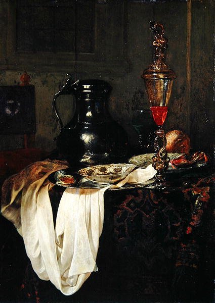 Martwa natura z blaszanym kuflem i kielichem z pokrywką (olej na dębowym panelu) autorstwa Jan Jansz Treck