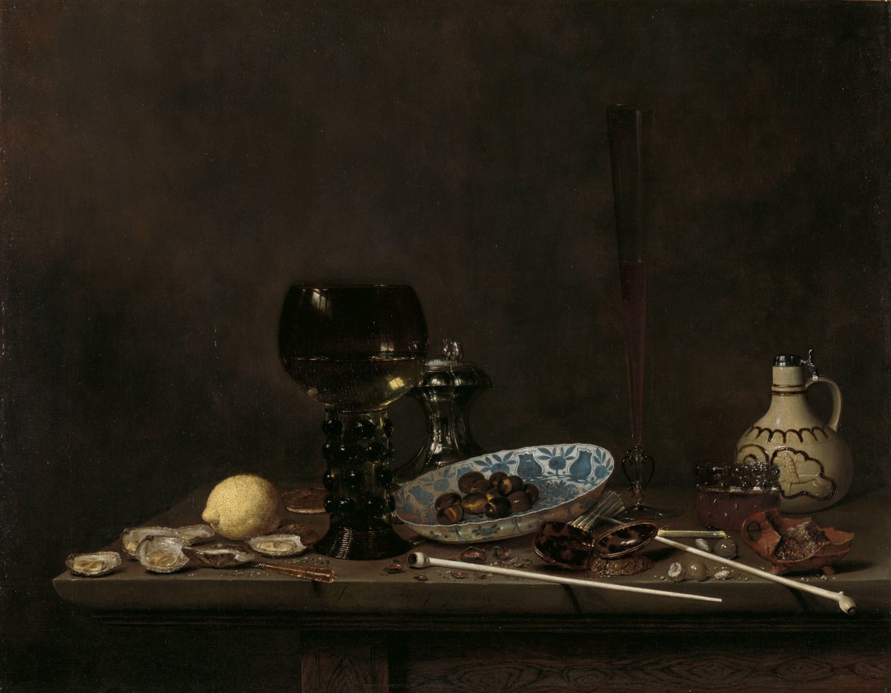 Martwa natura z Roemerem, szkłem do fletu, ceramicznym dzbankiem i fajkami autorstwa Jan Jansz. van de Velde (III)