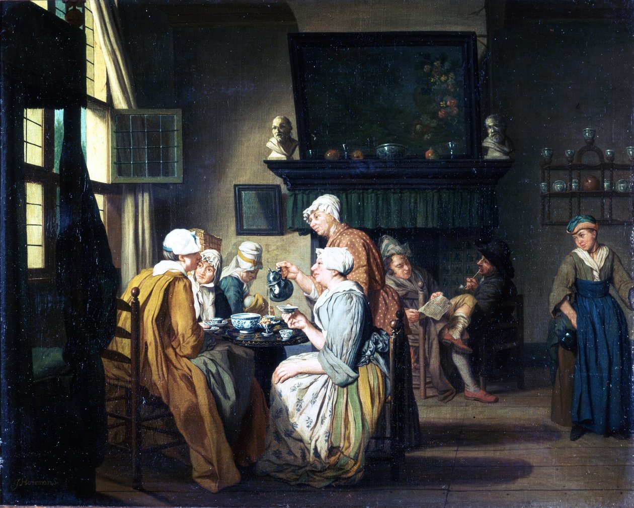 Mieszczańskie wnętrze z paniami pijącymi herbatę, mężczyzna czytający przy kominku autorstwa Jan Josef the Elder Horemans