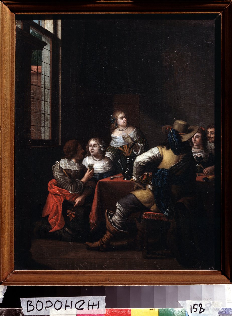 "Les festivites" (Wesołe spotkanie) grupa jeźdźców i dam radośnie zebrała się wokół stołu. Obraz Jana Josepha Horemansa Starszego (1682-1759) XVIII-wieczne Muzeum Sztuk Pięknych im. Iwana Kramskoja (lub Kramskoj) w Woroneżu (Woroneż), Rosja. autorstwa Jan Josef the Elder Horemans