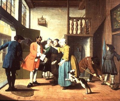 Wizyty lekarza — holenderskie przysłowie: Doktor jest przedstawiany jako diabeł, kiedy wraca do domu, aby przedstawić swój rachunek (jeden z zestawu czterech) autorstwa Jan Josef the Elder Horemans