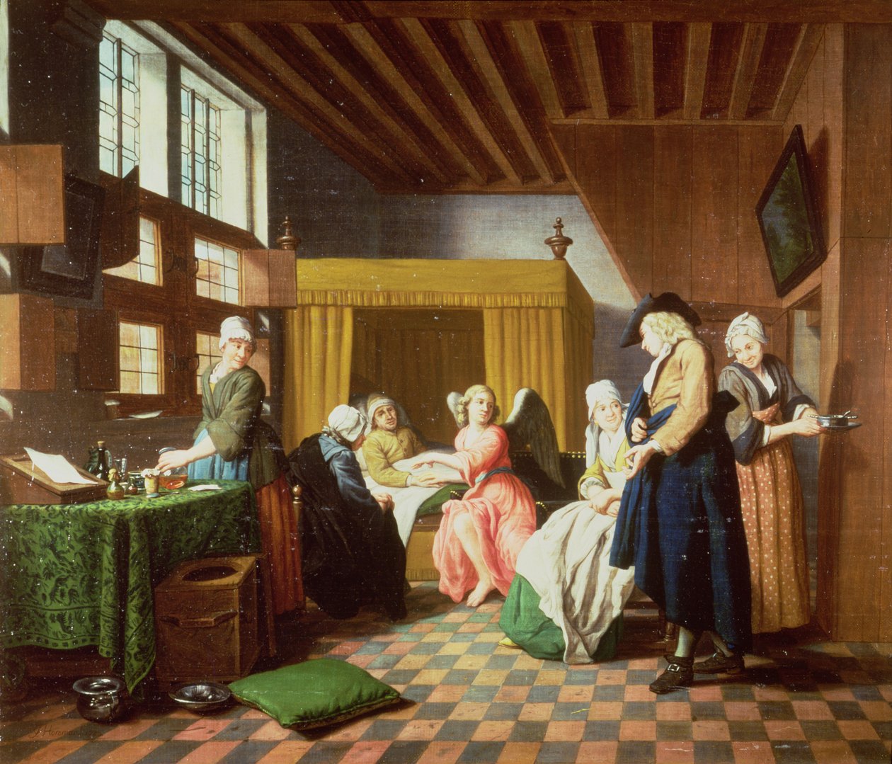 Wizyty lekarza — holenderskie przysłowie: Doktor jest przedstawiany jako anioł udzielający pomocy choremu człowiekowi (jeden z zestawu czterech) autorstwa Jan Josef the Elder Horemans