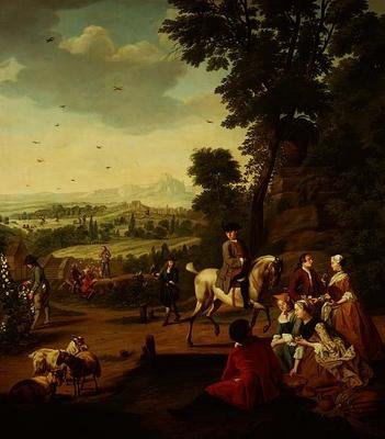 Elegancka impreza z jastrzębiami odpoczywająca w parku autorstwa Jan Josef the Younger Horemans