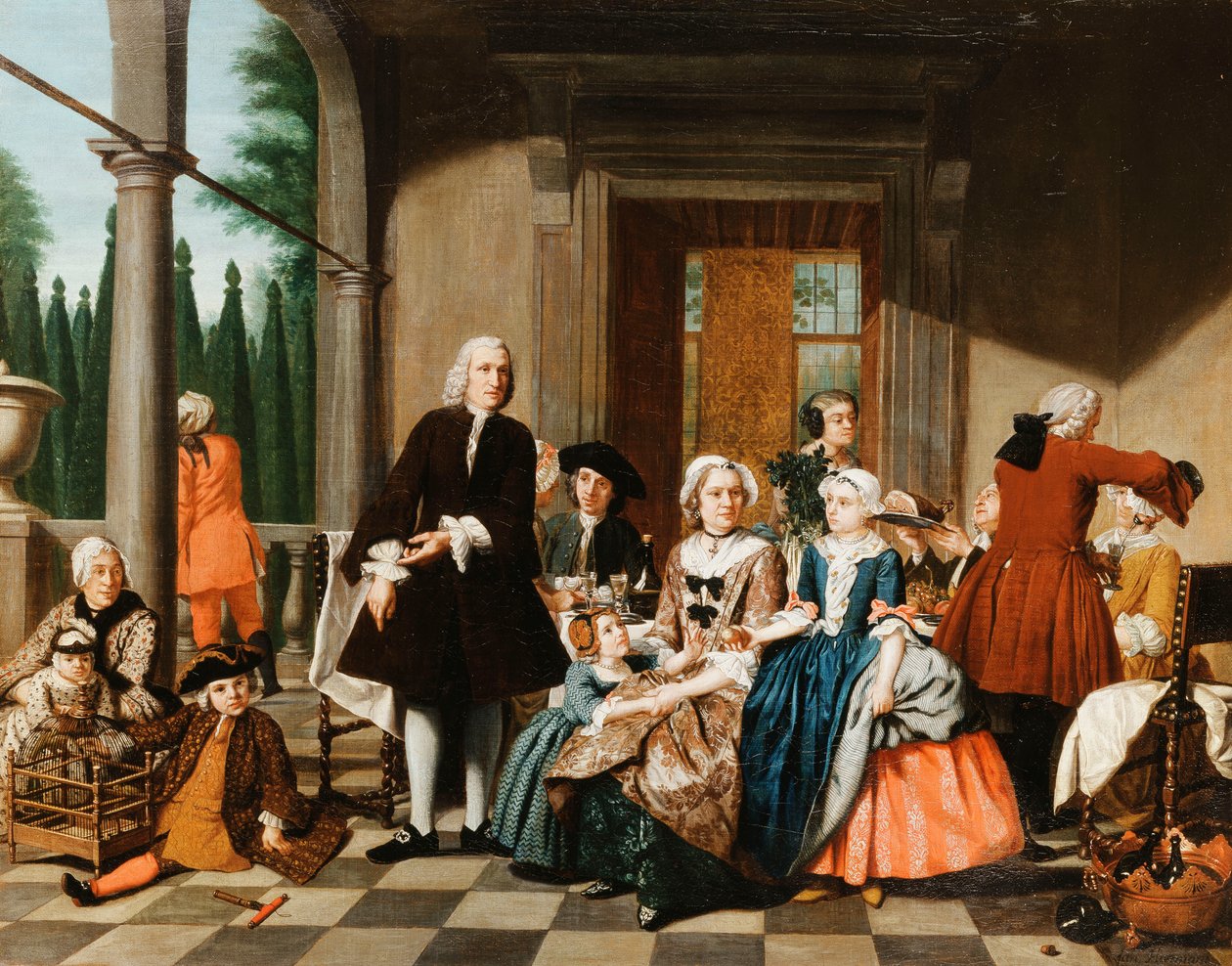 Portret rodziny jedzącej na portyku, formalnym ogrodzie poza nim, 1747 autorstwa Jan Josef the Younger Horemans