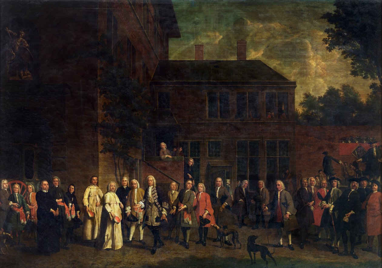 Członkowie gildii szermierzy witają opata Sint-Michiels autorstwa Jan Josef the Younger Horemans