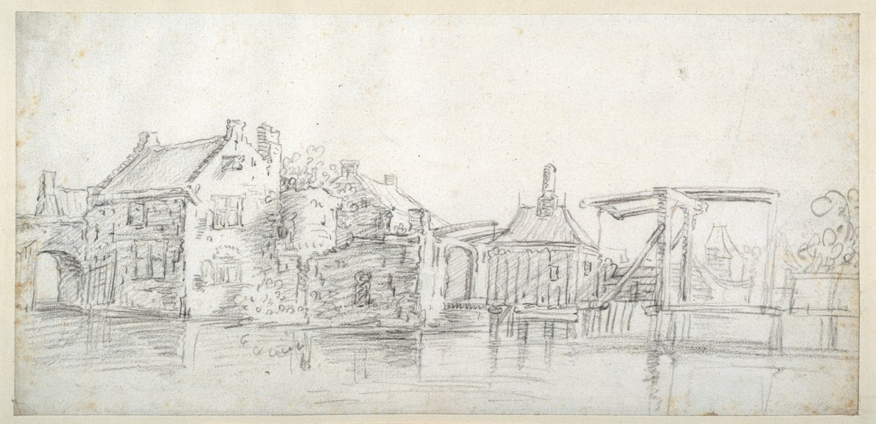 Kanał wraz z budynkami, w tym bramką i mostem, ok. 1650 (czarna kreda na białym papierze) autorstwa Jan Josefsz. van (circle of) Goyen