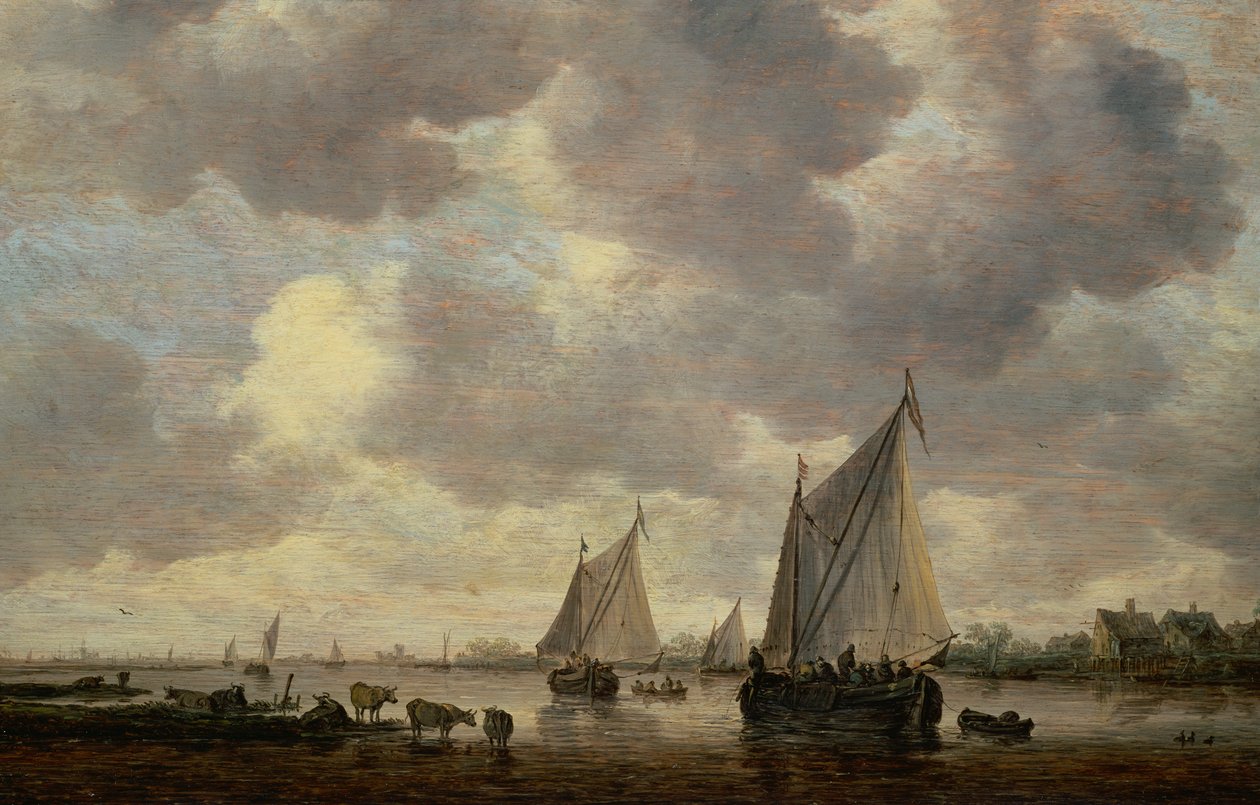 Kanał w Holandii, czyli dwa duże żaglowce i bydło w pobliżu rzeki autorstwa Jan Josephsz van Goyen