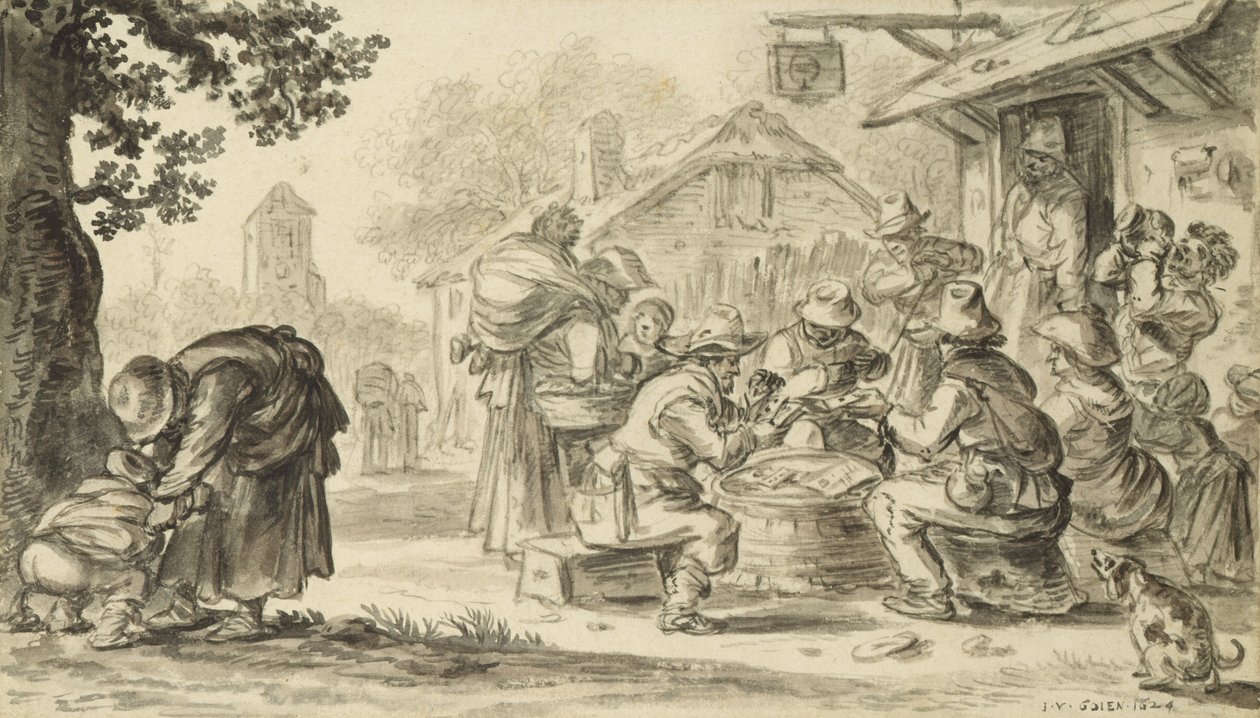 Farmers Card Game przed karczmą, 1624 (ołówek, długopis, atrament i pędzel na papierze) autorstwa Jan Josephsz van Goyen