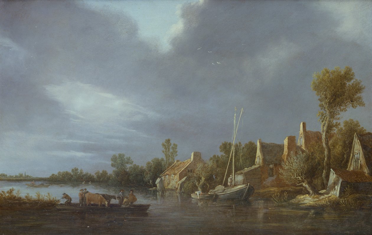 Wioska nad rzeką z chłopami i bydłem na promie autorstwa Jan Josephsz van Goyen