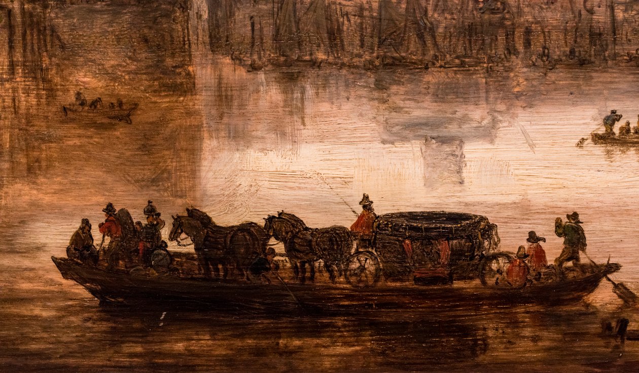 Duży prom z czterokonnym powozem (Nijmegen), szczegóły autorstwa Jan Josephsz van Goyen