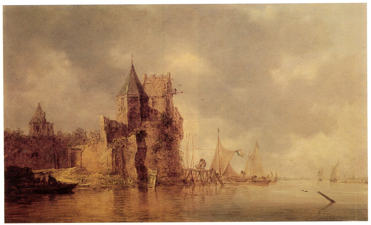 Średniowieczna wieża na wale zamku z żaglowcami na pomoście i łodzią wiosłową na pierwszym planie, ok. 1642 r. (olej na desce) autorstwa Jan Josephsz van Goyen