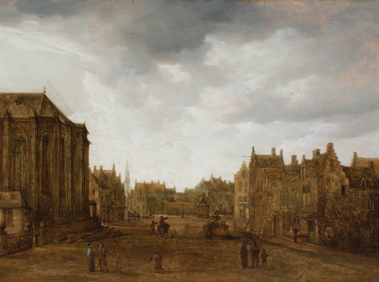 Widok holenderskiego miasteczka z postaciami na drodze (olej na płycie) autorstwa Jan Josephsz van Goyen