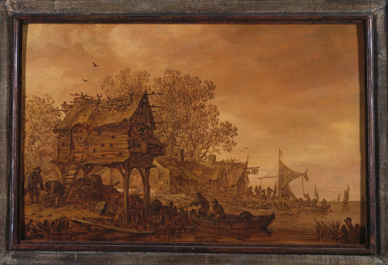 Wieś nad brzegiem rzeki z chłopami w łódce przy gołębniku, 1651 autorstwa Jan Josephsz van Goyen