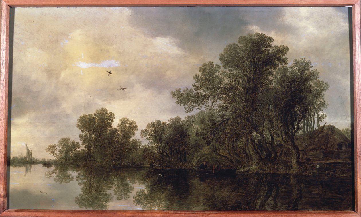 Zalesiony krajobraz rzeczny, chłopi w łódce wiosłowej przy chacie i promie, w oddali żaglówka, 1633 autorstwa Jan Josephsz van Goyen