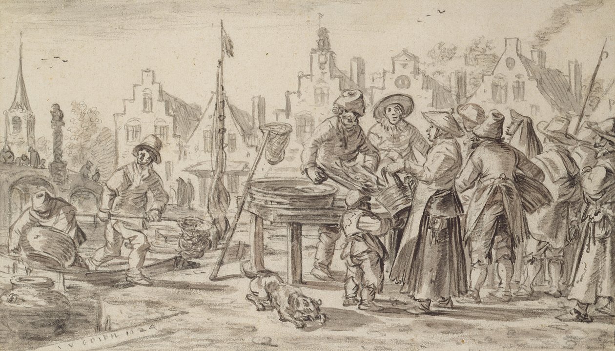 Targ rybny, 1624 (pióro, pędzel i brązowy tusz na papierze) autorstwa Jan Josephsz van Goyen