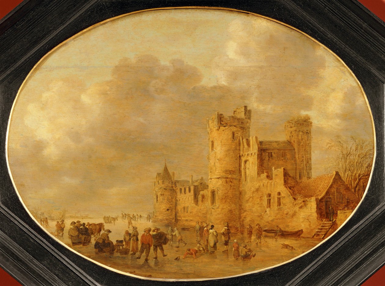 Łyżwiarze przed średniowiecznym zamkiem ... autorstwa Jan Josephsz van Goyen