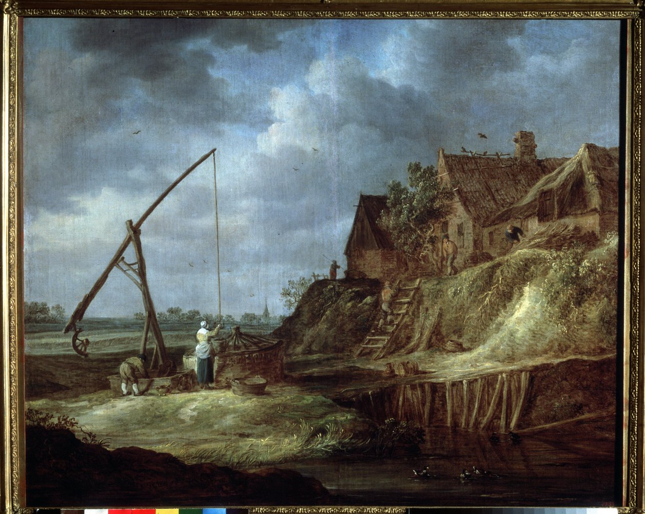 ""Krajobraz przy studni"" Domy lub dom holenderski z dachem krytym strzechą. (Pejzaż ze studnią do rysowania) Obraz Jana Josefsza van Goyena (1596-1656) 1642 Muzeum Puszkina, Moskwa autorstwa Jan Josephsz van Goyen