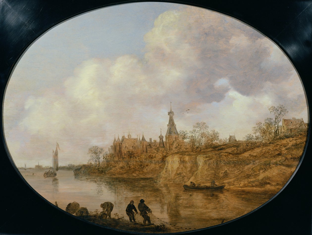 Trzech rybaków ciągnących sieć i kosze na brzegu rzeki Krajobraz z zamkiem i wioską w oddali autorstwa Jan Josephsz van Goyen