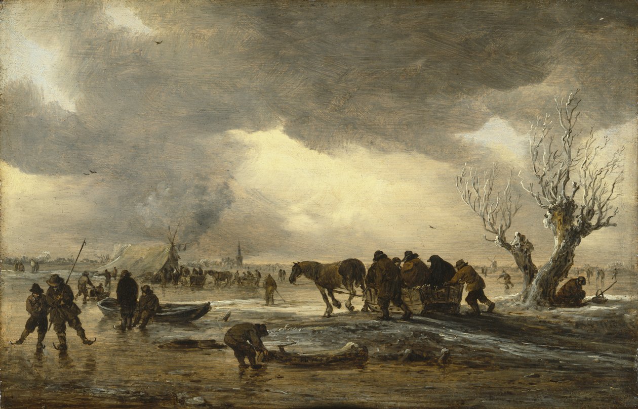 Zimowa scena z saniami na pierwszym planie i postaciami zbierającymi się wokół namiotu na lodzie autorstwa Jan Josephsz van Goyen