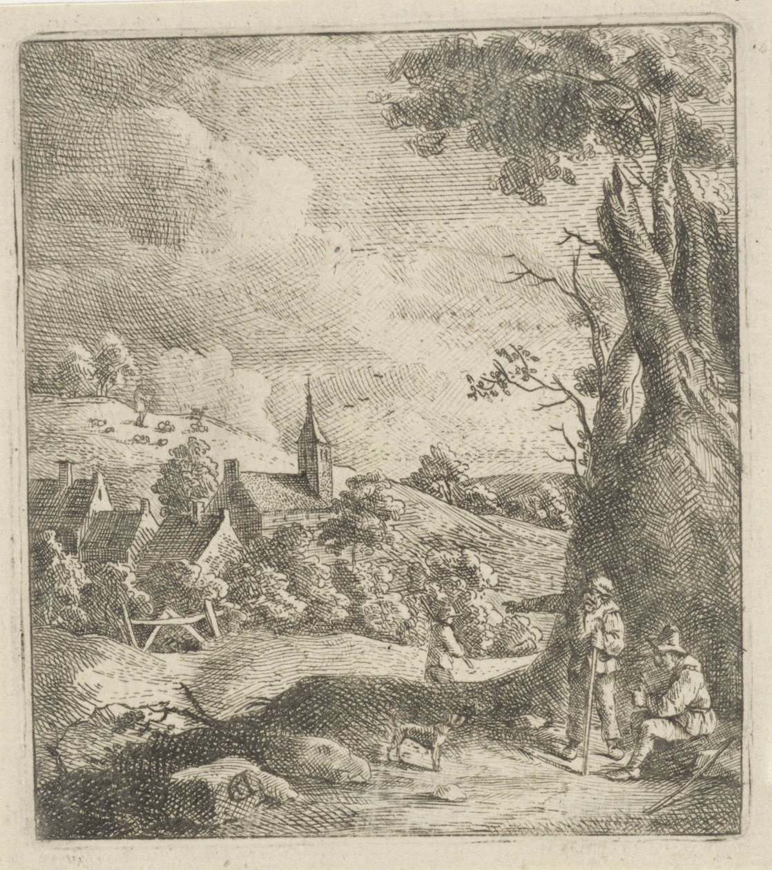 Krajobraz z wioską i dwoma mężczyznami przy drzewie autorstwa Jan Lauwryn Krafft (I) (attributed to)