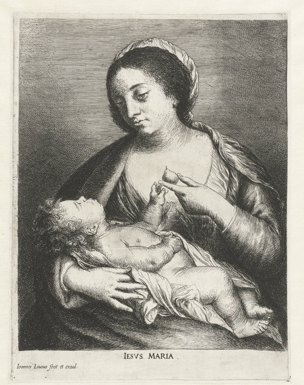 Maryja z Dzieciątkiem i gruszką Iesvs Maria (tytuł na obiekcie) autorstwa Jan Lievens