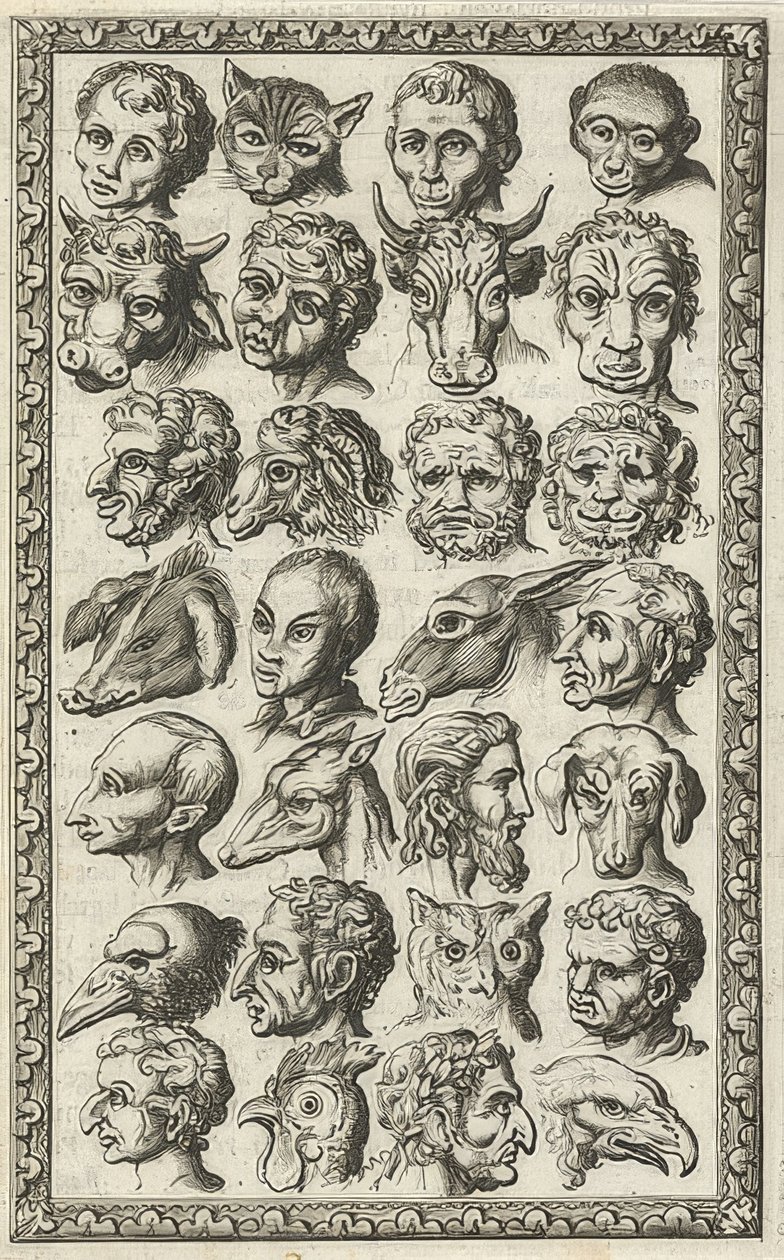 28 głów ludzi i zwierząt (28 koppen van mensen en dieren). 1682 autorstwa Jan Luyken