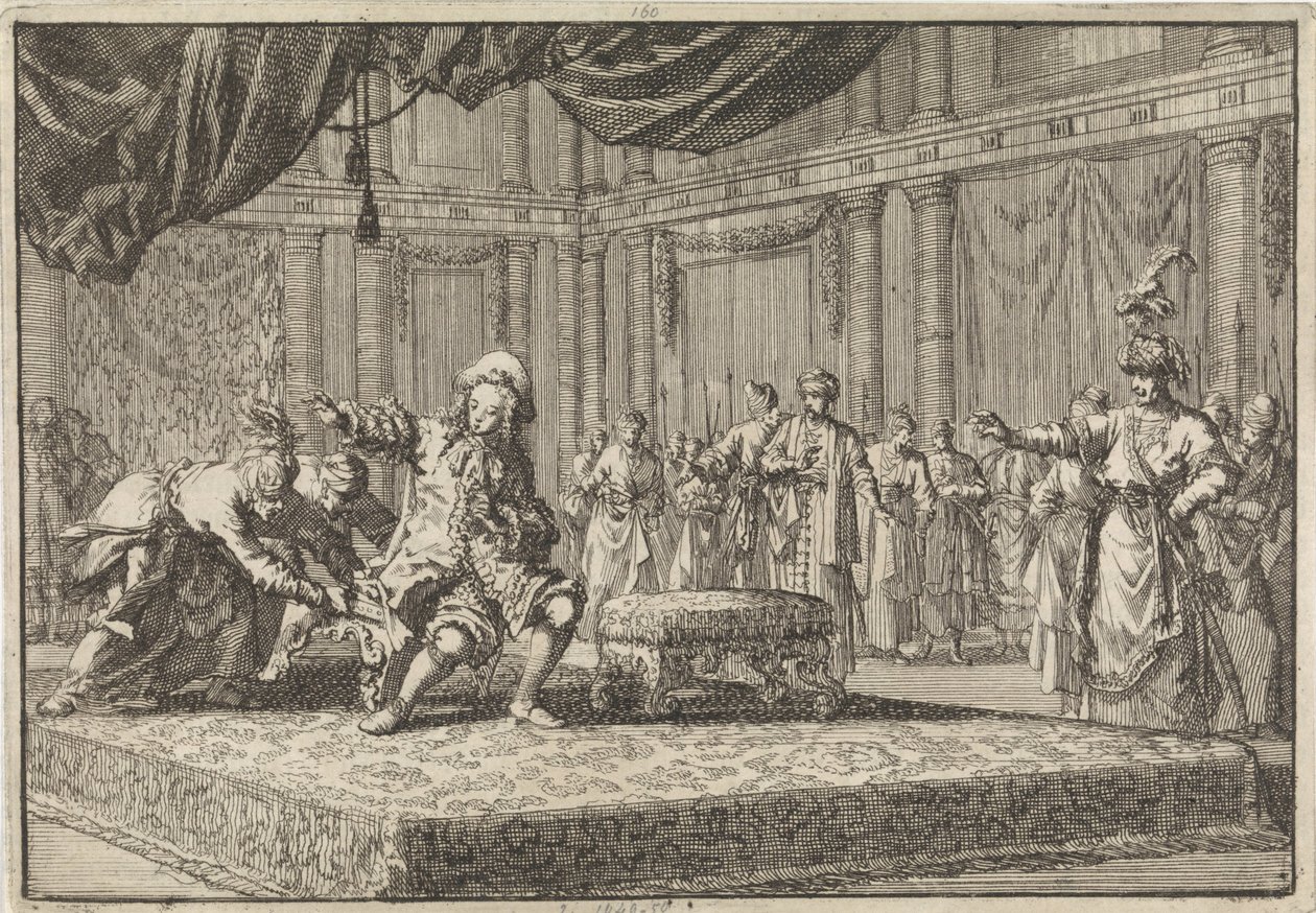 Siedziba, którą postawił obok siedziby wielkiego wezyra, została wyrwana posłowi francuskiemu w Konstantynopolu, 1677 autorstwa Jan Luyken