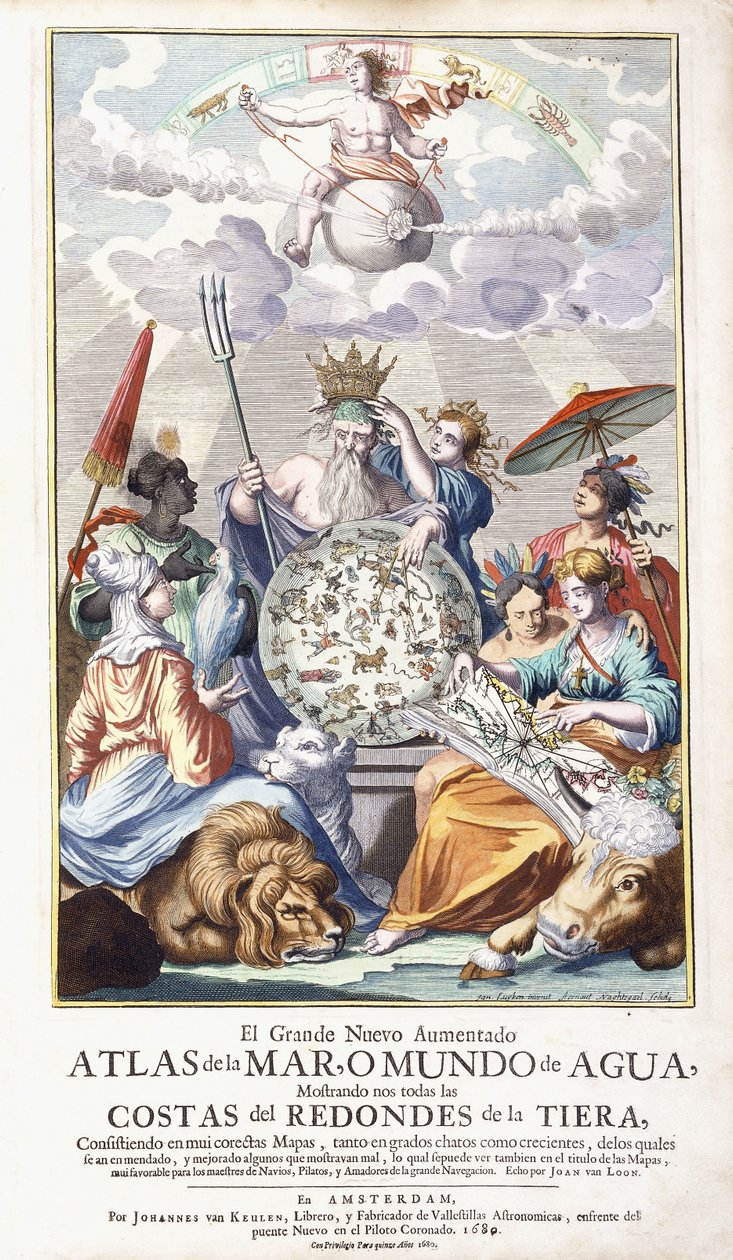 Alegoryczna strona tytułowa z „Wielkiego nowego rozszerzonego atlasu morza, 1680 autorstwa Jan Luyken
