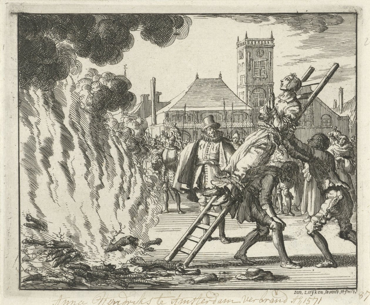 Anneken Hendriks, związana na drabinie, spalona w Amsterdamie, 1571, 1685 autorstwa Jan Luyken