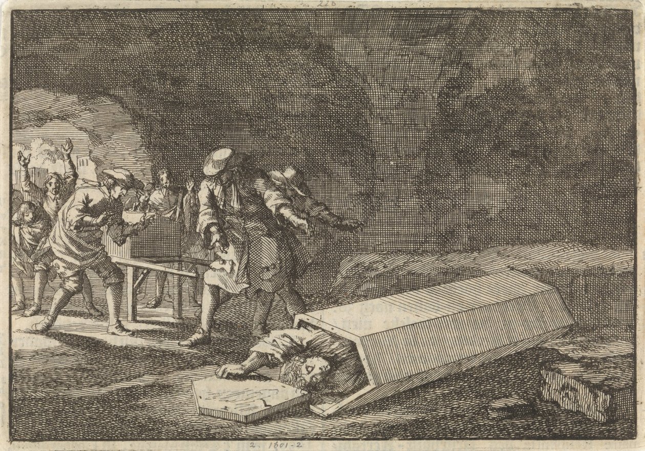 Służby pogrzebowe w Rzymie widzą, że Antonio Marlini, którego pochowali w krypcie kilka dni wcześniej, musiał być najwyraźniej martwy, 1696 autorstwa Jan Luyken