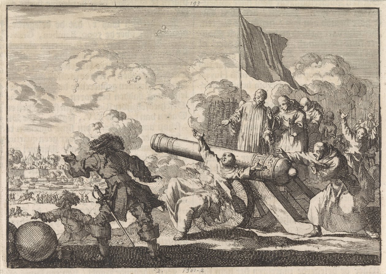 Oblężenie Groningen, w którym armata jest błogosławiona przez sześciu mnichów, 1672 autorstwa Jan Luyken