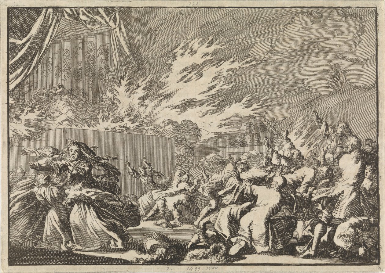 Pożar drewnianej szopy, w której odbywa się przedstawienie teatralne obok zamku Amelienborg w Kopenhadze, 1689 autorstwa Jan Luyken