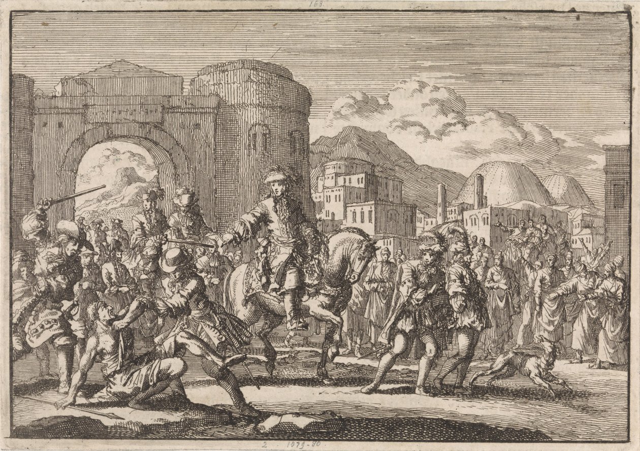 Francuski poseł do sułtana wjeżdża konno do Jerozolimy, 1674 autorstwa Jan Luyken