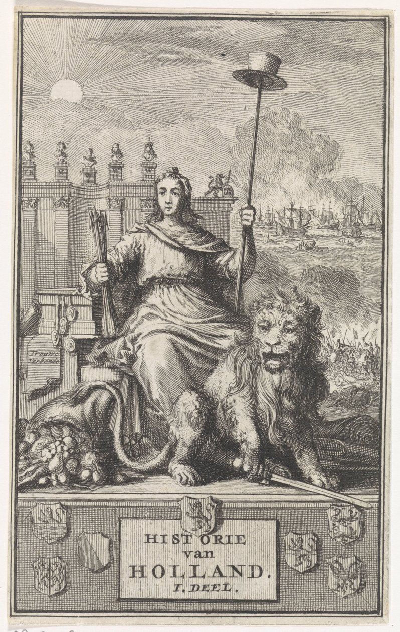 Holenderska Dziewica Strona tytułowa dla: F. de la Neuville, Historia Holandii tom. ja, 1704 autorstwa Jan Luyken