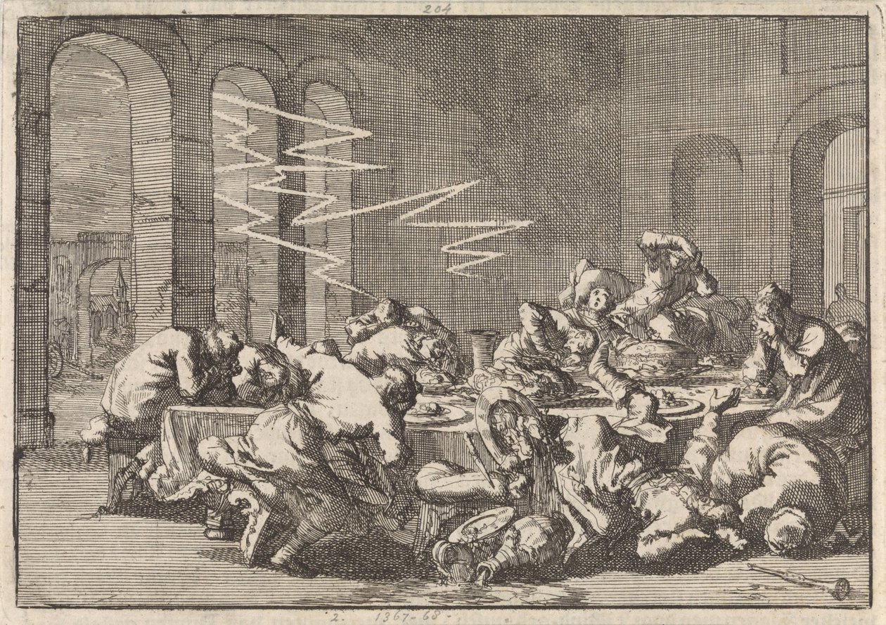 W polskiej wsi Perzyn 23 osoby giną od pioruna podczas chrztu, 1676 r. autorstwa Jan Luyken