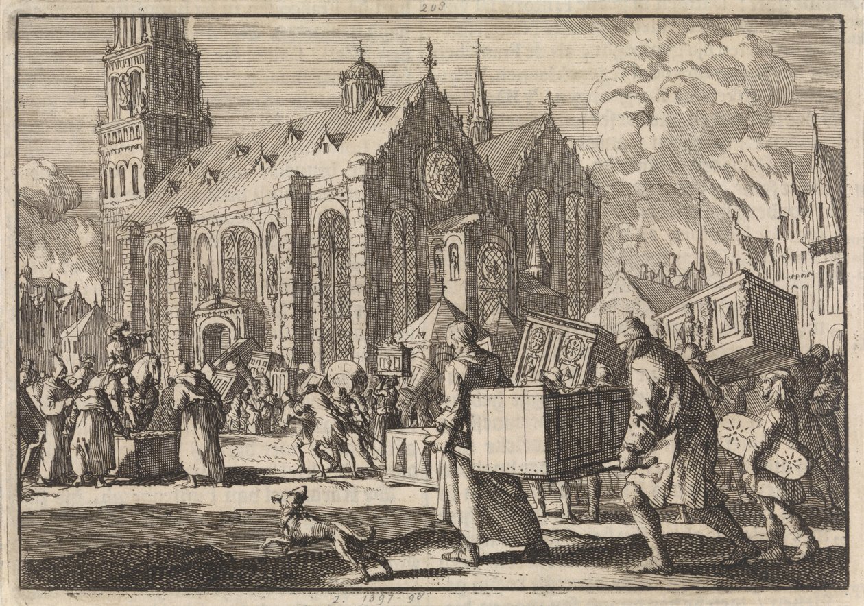 Mieszkańcy Spires w dobrej wierze przynoszą swoje meble do katedry, gdzie są następnie palone przez francuskiego generała Monclara, 1689 autorstwa Jan Luyken