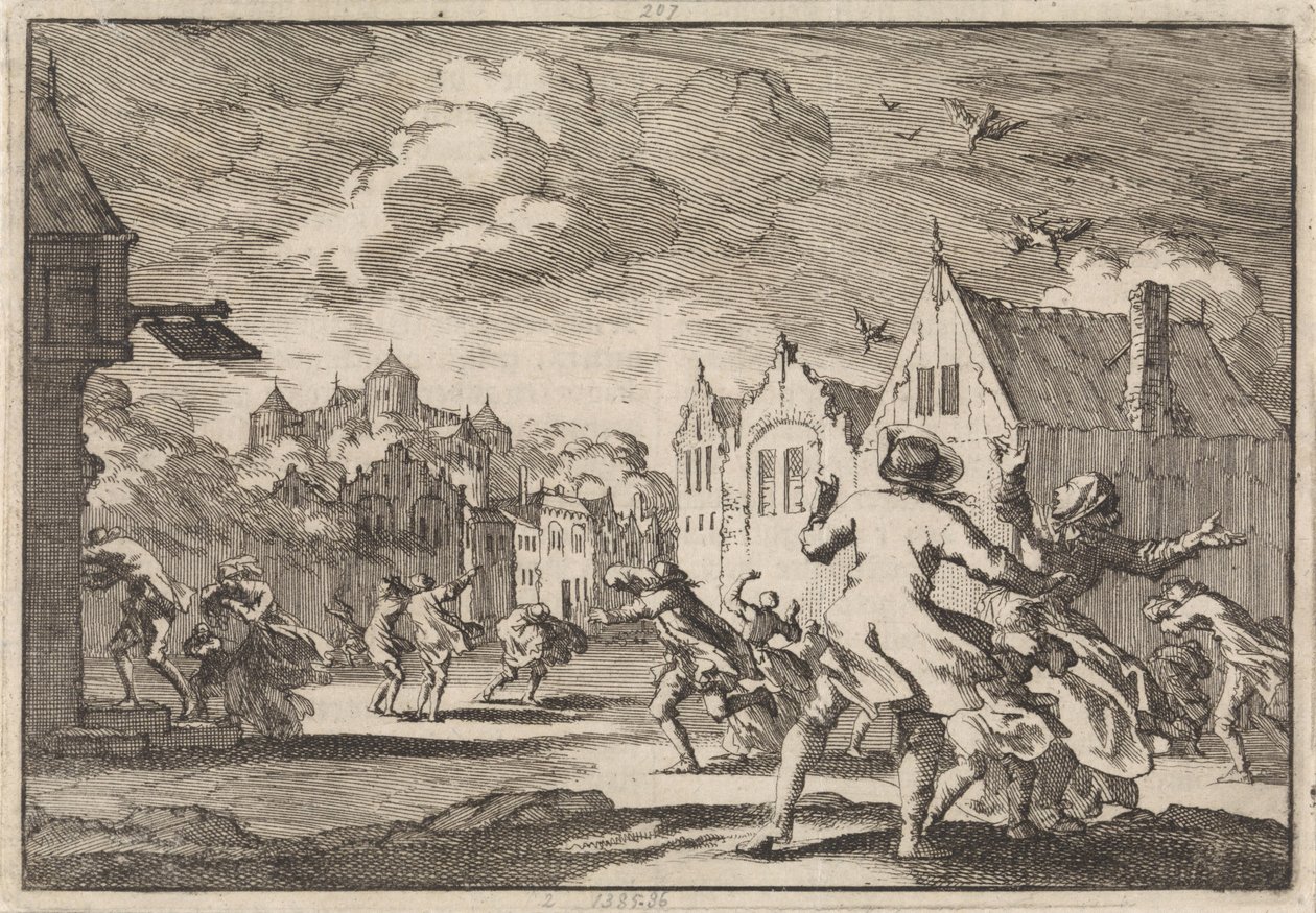 Mieszkańcy wsi w pobliżu zamku Luchow w Lüneburgu zostają porwani przez trąbę powietrzną, która powoduje, że ptaki spadają martwe z nieba, 1671 autorstwa Jan Luyken