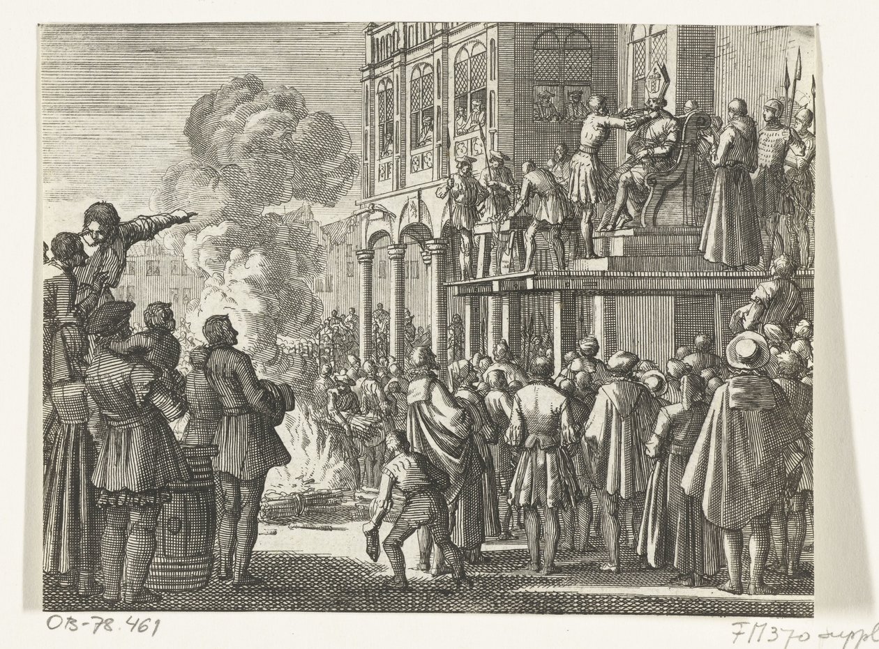 Jacob van Campen w mitrze na głowie na szafocie w Amsterdamie, 1535 autorstwa Jan Luyken