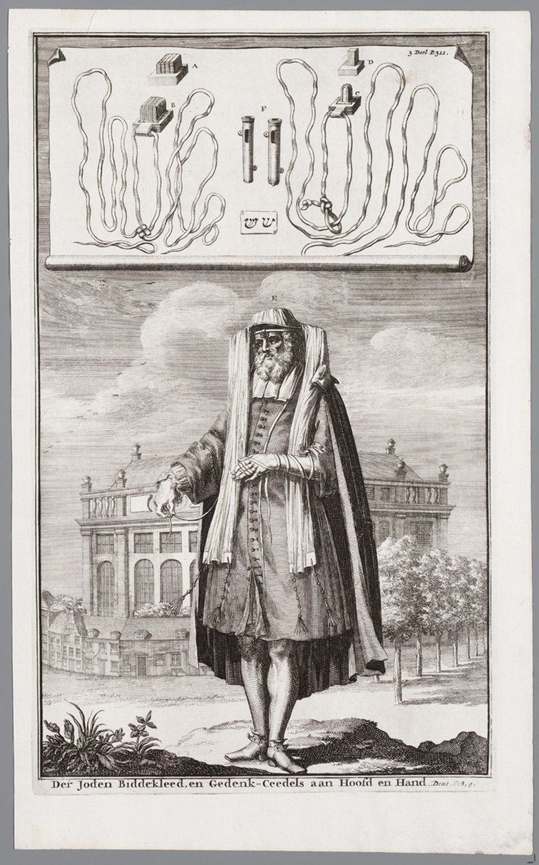 Żyd ubrany do modlitwy. W tle portugalska synagoga w Amsterdamie autorstwa Jan Luyken