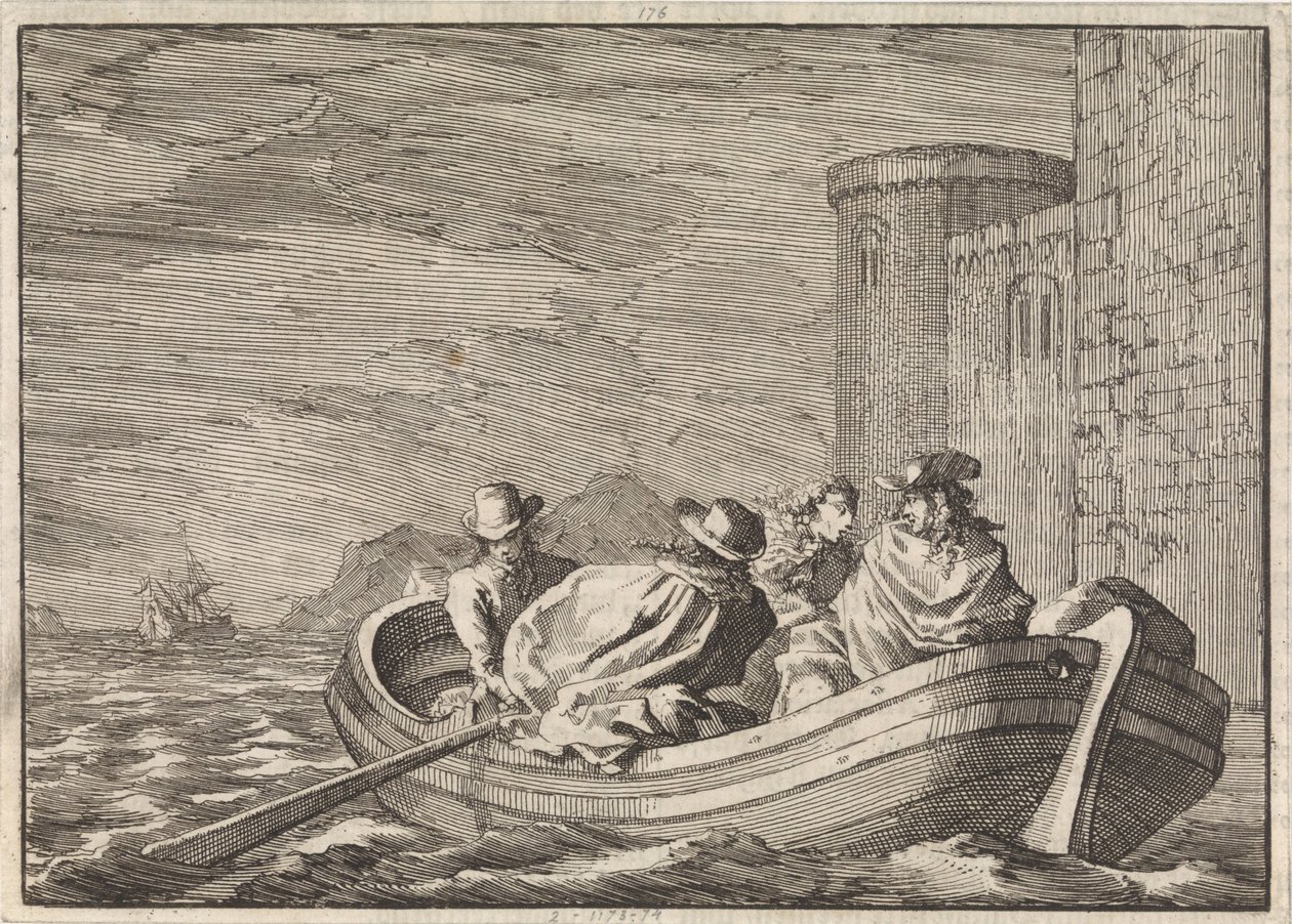 Król Jakub II ucieka nocą łodzią wiosłową, 1688 autorstwa Jan Luyken