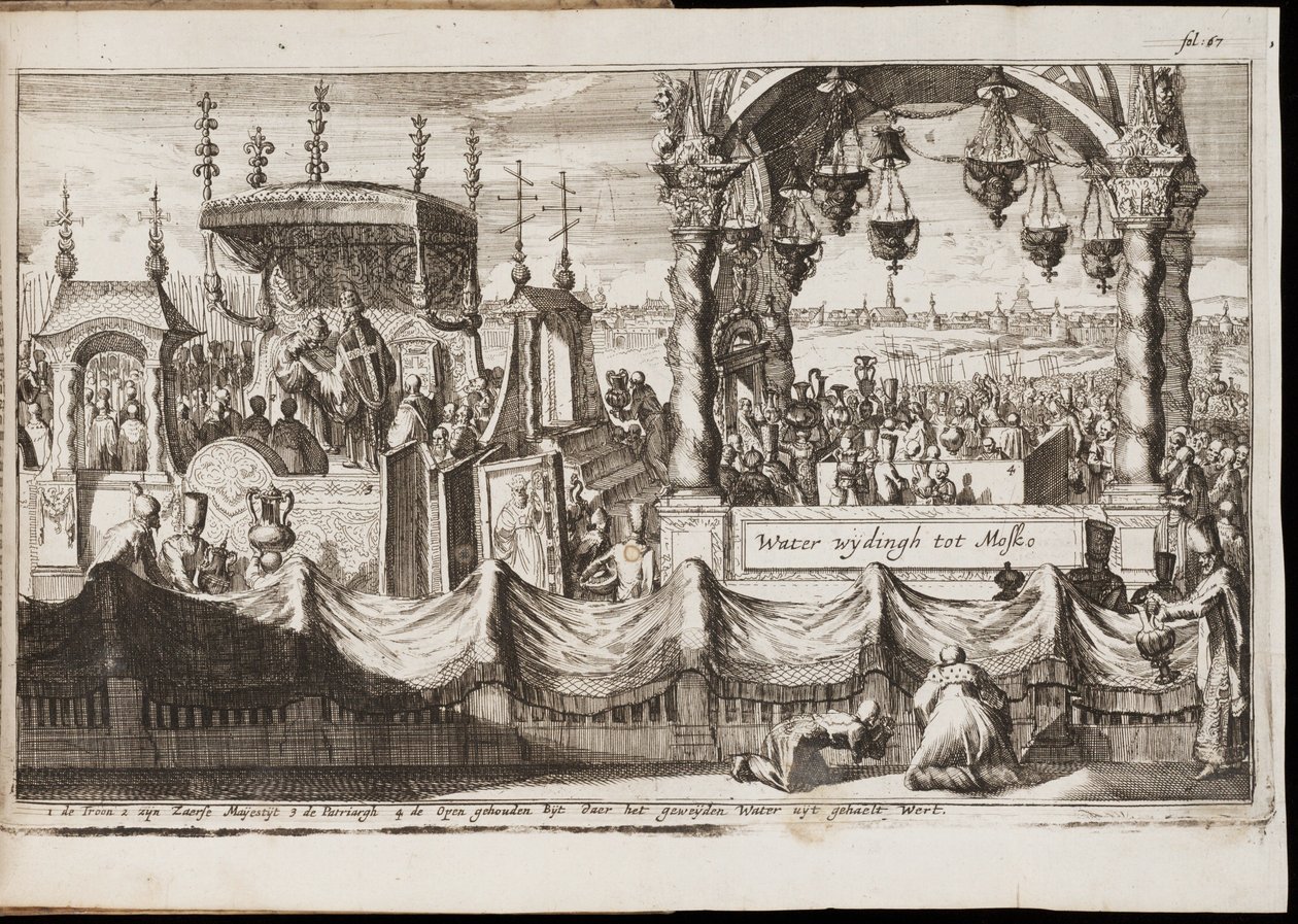 Wielkie Błogosławieństwo Wód w Moskwie (Doroczna ceremonia religijna z procesją) - Dzieło Jana (Johannesa) Luykena (1649-1712), rycina (20,1x30 cm) autorstwa Jan Luyken