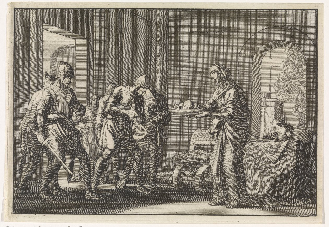 Matka pokazuje wojownikom szczątki jej zjedzonego dziecka podczas głodu w Jerozolimie 1704 r. autorstwa Jan Luyken