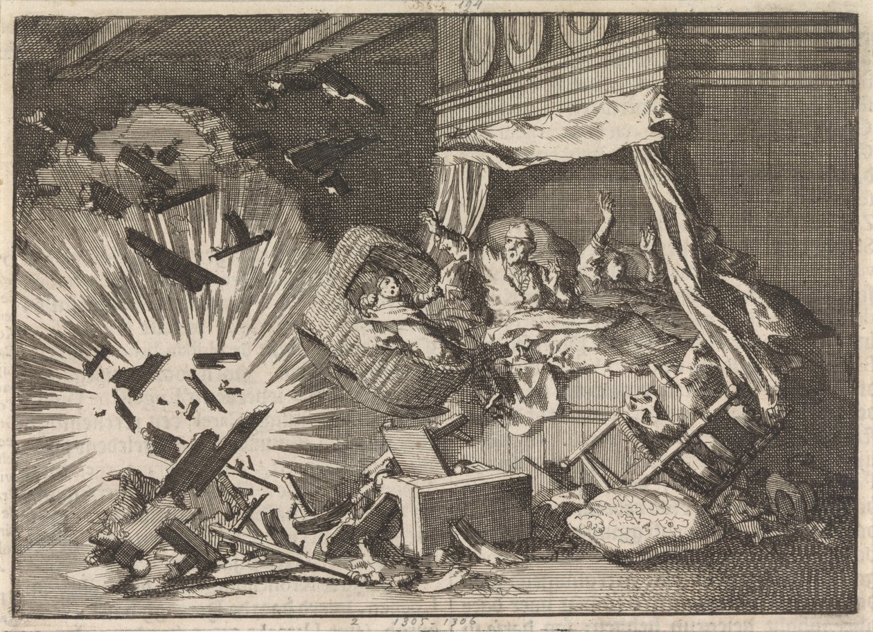 Wybuch bomby w domu przy Ebbingestraat w Groningen, 1672 autorstwa Jan Luyken