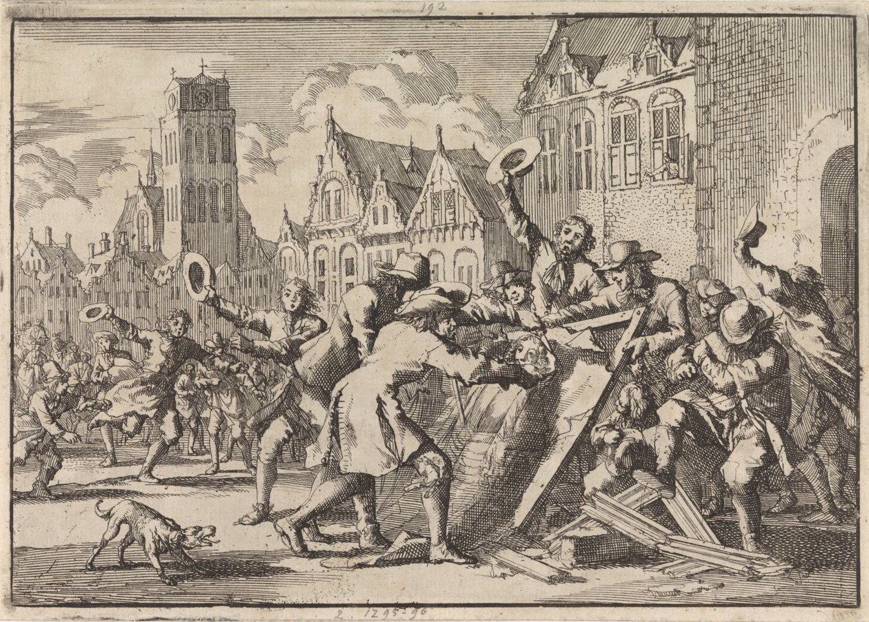 Zamieszki w Dordrecht, w których obraz Cornelisa de Witta zostaje zniszczony przez lud, 1672 autorstwa Jan Luyken