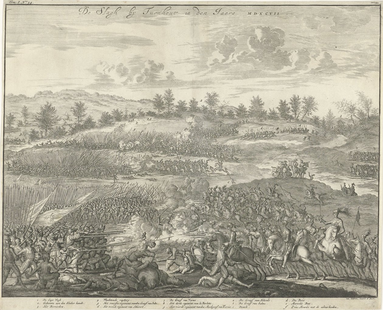 Bitwa pod Turnhout, 1597 De Slagh przez Turnhout in den Jaere MDXCVII (tytuł na obiekcie) autorstwa Jan Luyken